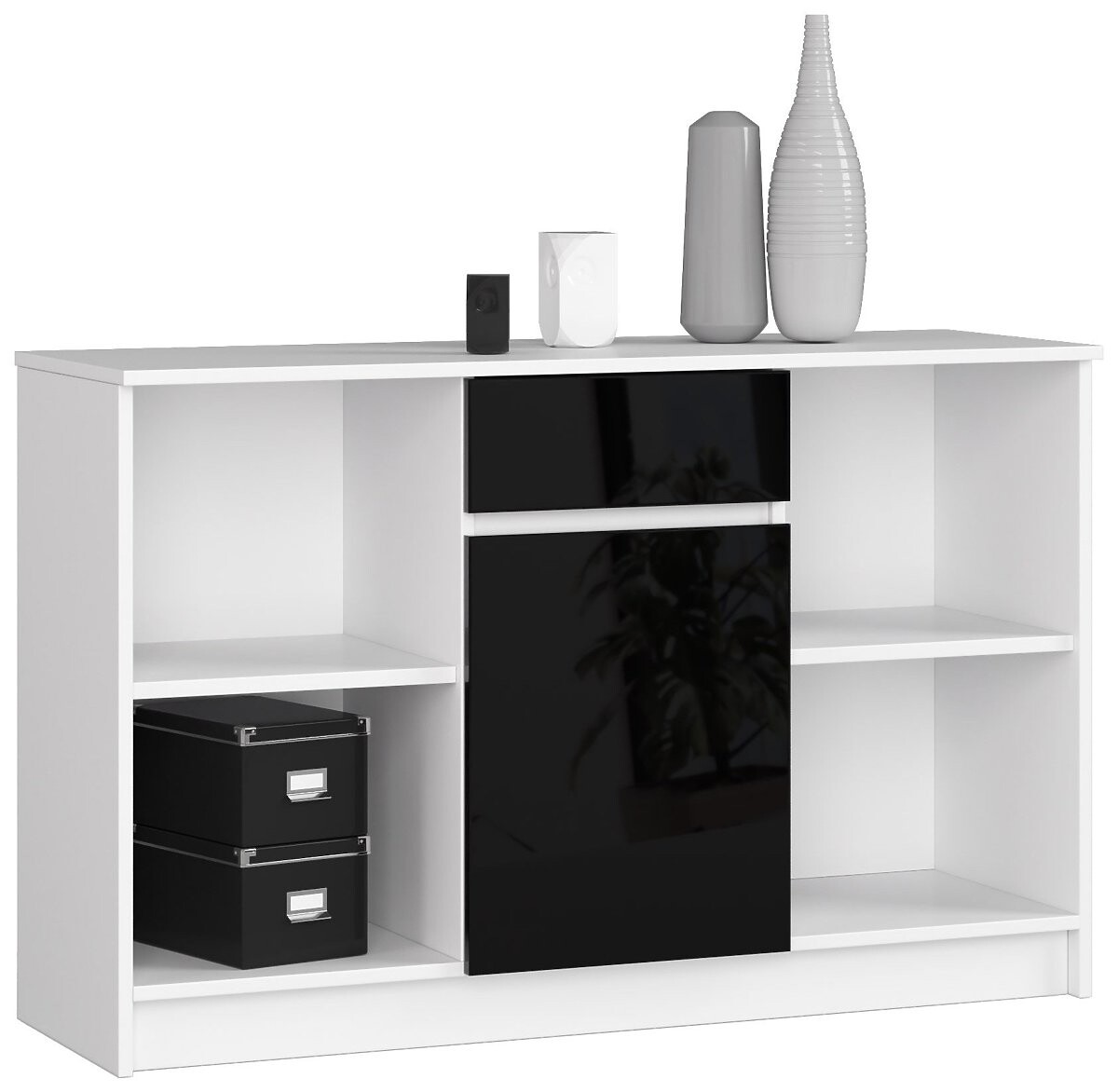 KOMODA B-17 120 cm 1 ZÁSUVKA 1 DVIERKA PK BIELA / ČIERNY LESK