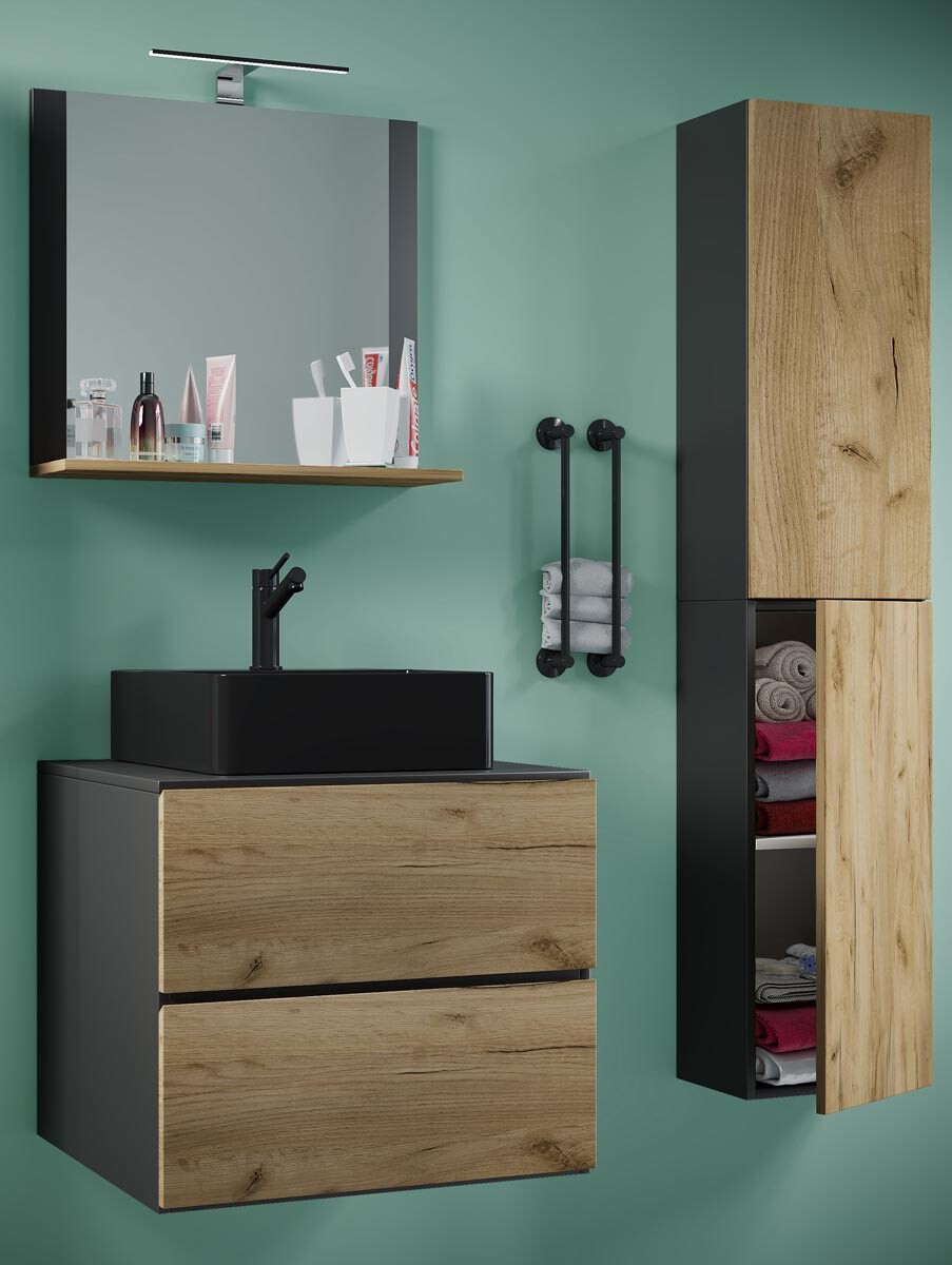 4-dielna umývadlová skrinka Lendas BL L so zrkadlom 60 cm + vysoká skrinka, antracit
