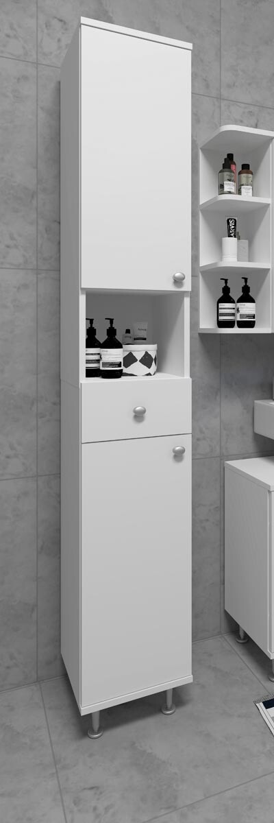 Vysoká kúpeľňová skrinka Nilosi, biela
