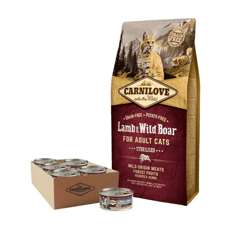 Carnilove Lamb & Wild Boar for Adult Cats – Sterilised 6 kg + 6 x Carnilove WMM Turkey & Salmon for Adult Cats 100g