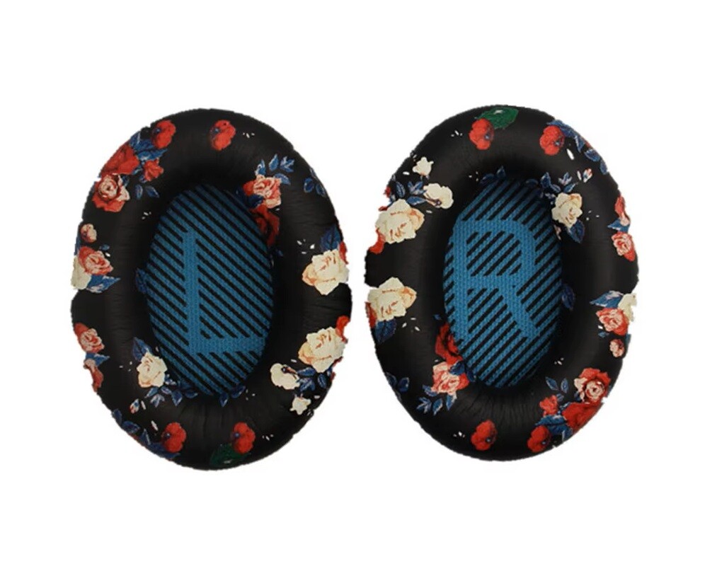 Náhradné kožené náušníky pre slúchadlá Bose QuietComfort 2, 15, 25 a 35 - Vzorované kvetinové s modrým vnútrom