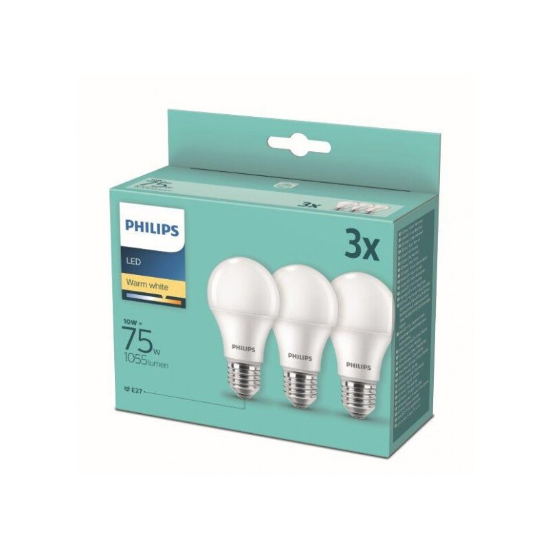 Philips LED žiarovka E27, 10W, sada 3ks, 1055lm, 2700K