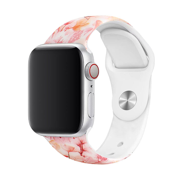 Remienok s potlačou na Apple Watch -  Kvetinkový Veľkosť: 38/40/41/42mm, Obvod: M-L (stredný až väčší obvod zápästia), Farba: Biela