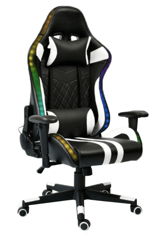 Herná stolička ZOPA — ekokoža, čierna/biela/farebný vzor, s RGB podsvietením, nosnosť 150 kg
