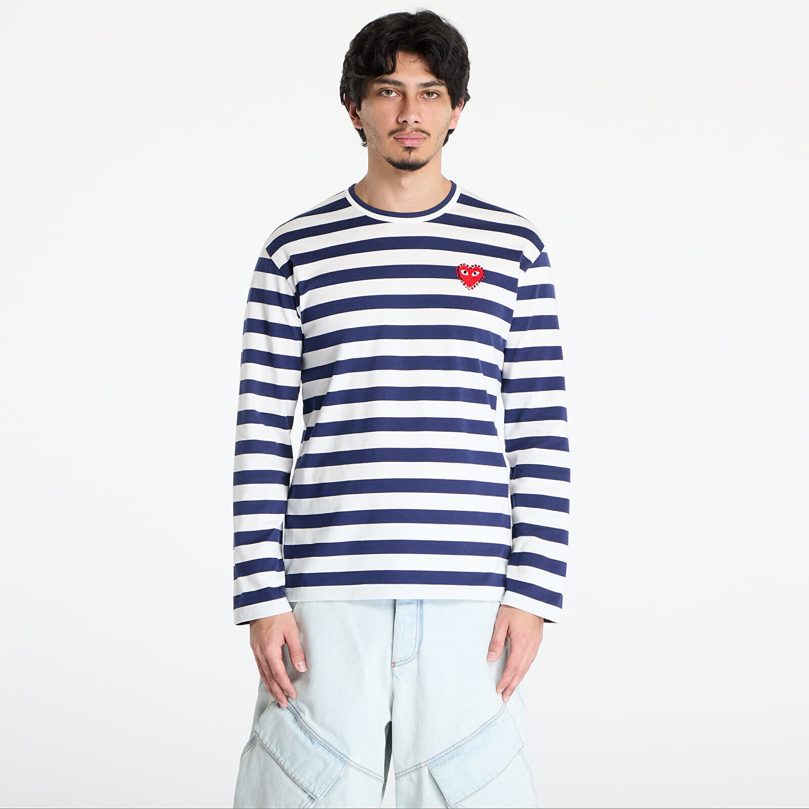 Tričko Comme des Garçons PLAY Stripe Emblem x Rhinestone Long Sleeve Tee UNISEX Navy/ White XXS