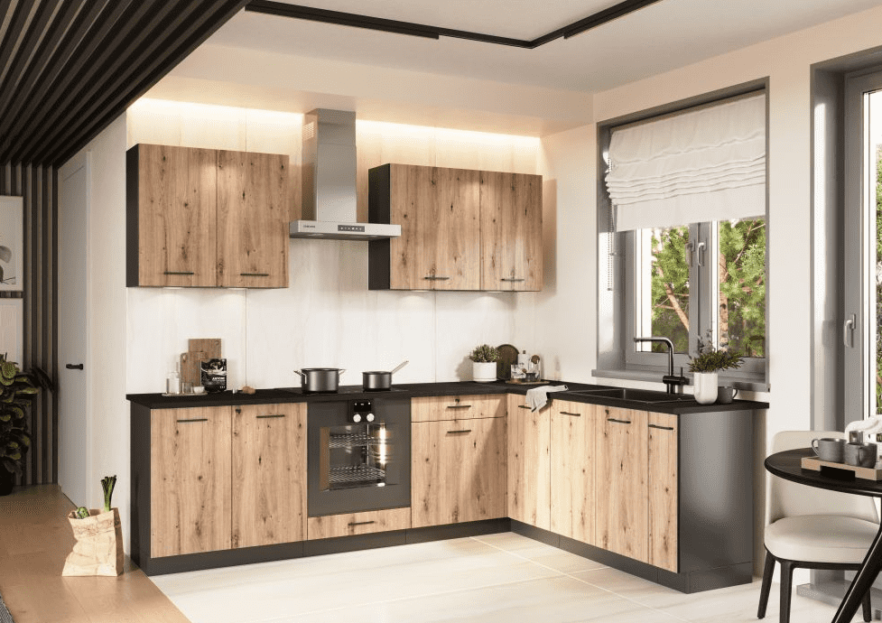 Artstolk Rohová kuchynská linka ANIKA C | 200-260 cm dub artisan/grafit Prevedenie: s pracovnou doskou