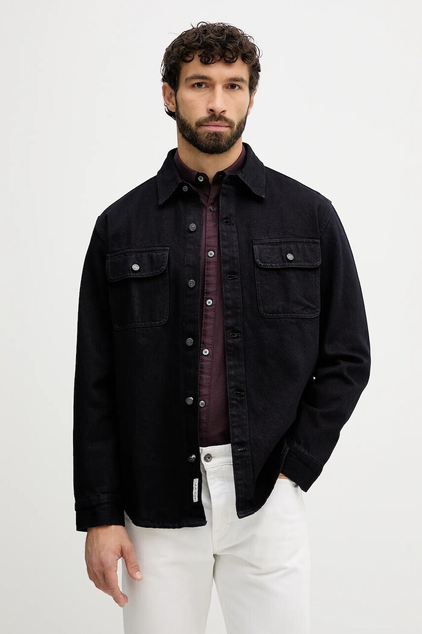 Rifľová košeľa Calvin Klein Jeans tmavomodrá farba, voľný strih, s klasickým golierom, LV04RD744G