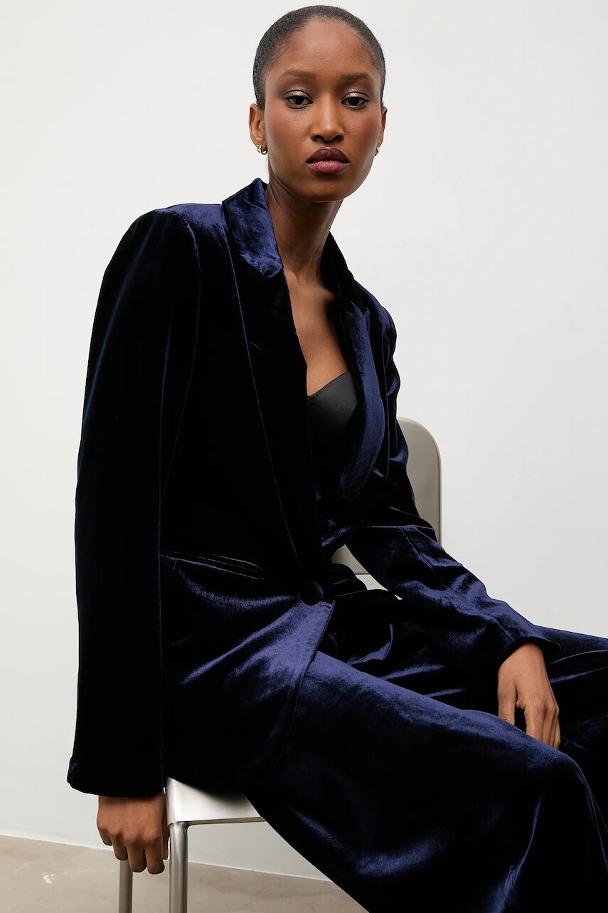 Zamatová bunda Answear.LAB tmavomodrá farba, jednoradová, jednofarebná