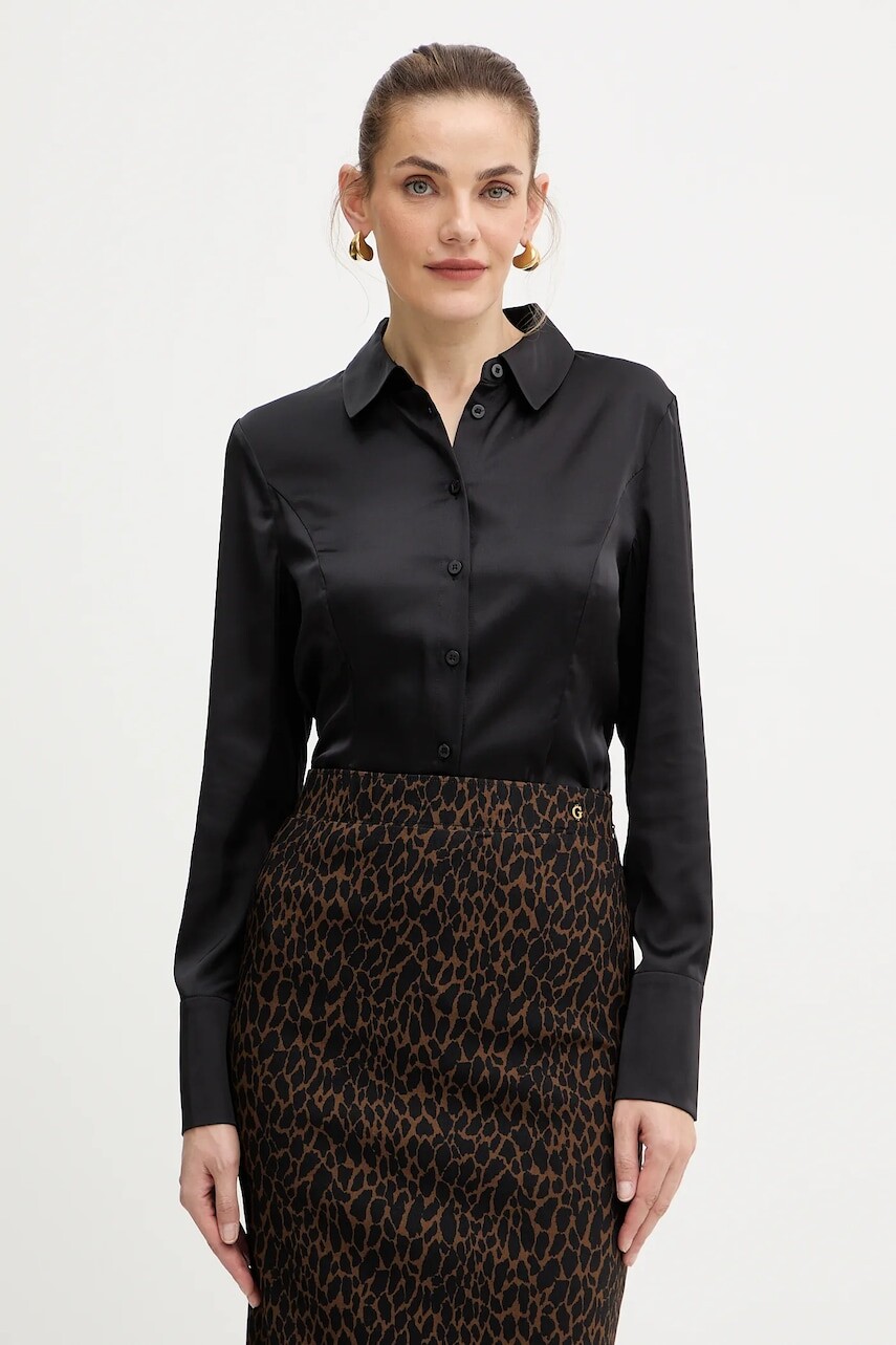Košeľa Guess FERNANDA čierna farba, regular, s klasickým golierom, W5BH83 WF1T2