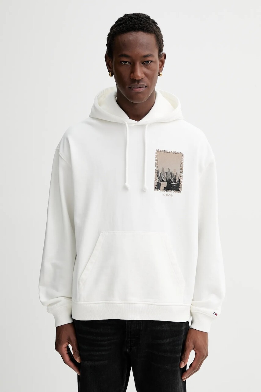 Bavlnená mikina Tommy Jeans béžová farba, s kapucňou, s potlačou, DM0DM22090