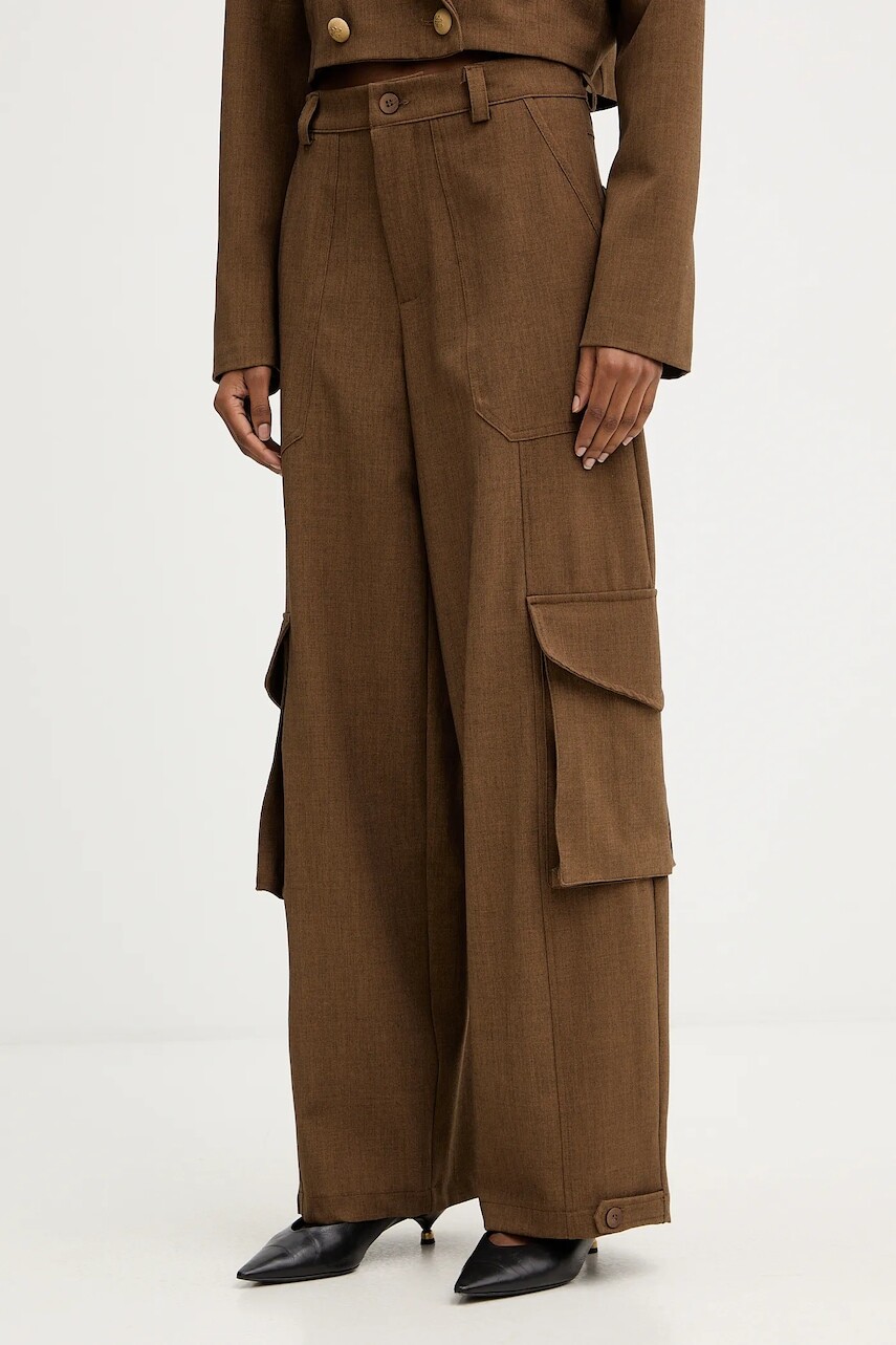 Nohavice Haveone hnedá farba, rovný strih, vysoký pás, PSO-P040