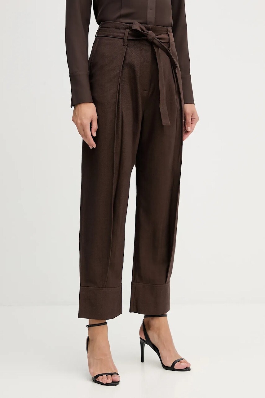 Nohavice Sisley hnedá farba, široké, vysoký pás, 4ETSLF082