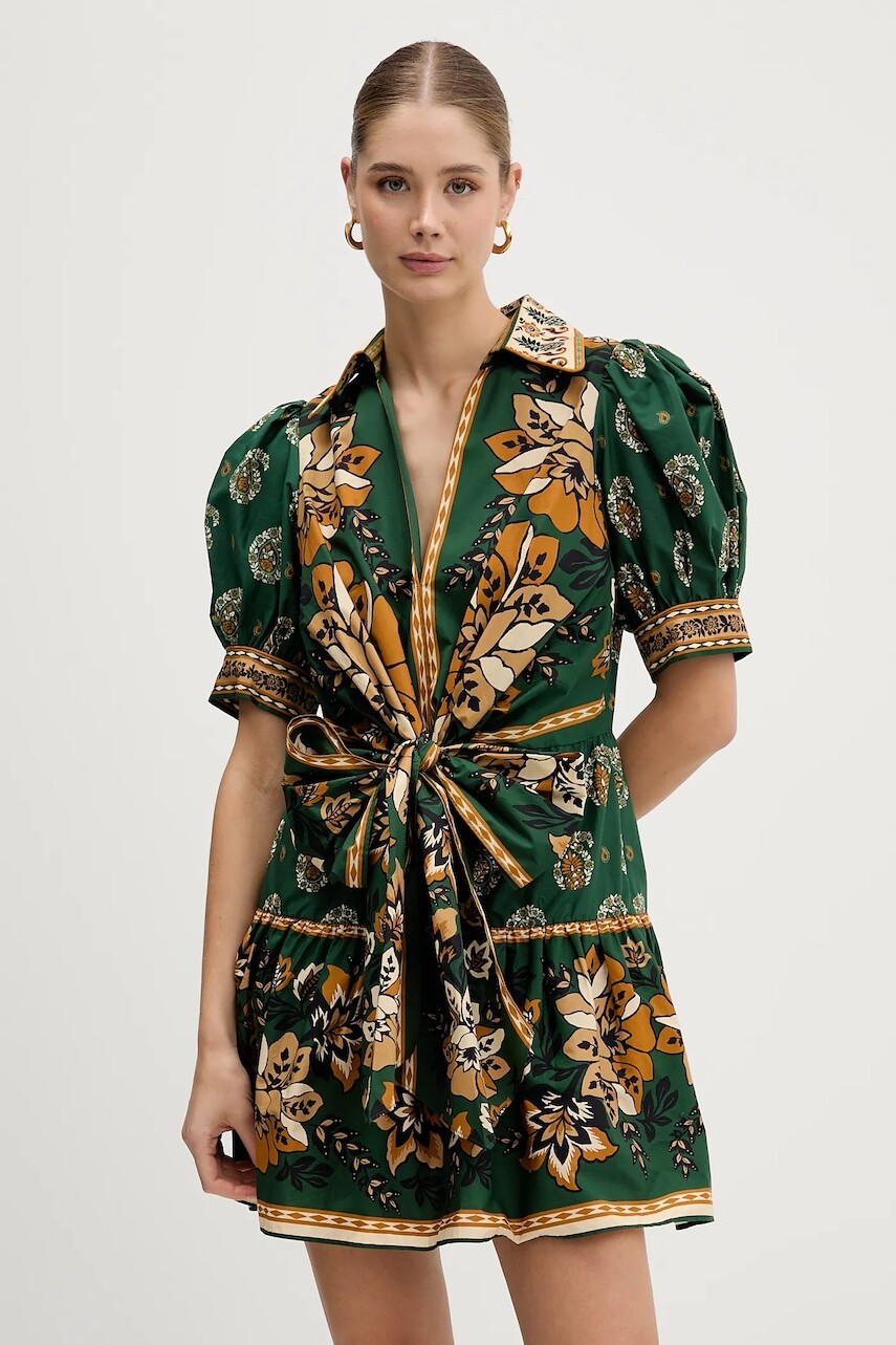 Bavlnené šaty Farm Rio zelená farba, mini, áčkový strih, 351134