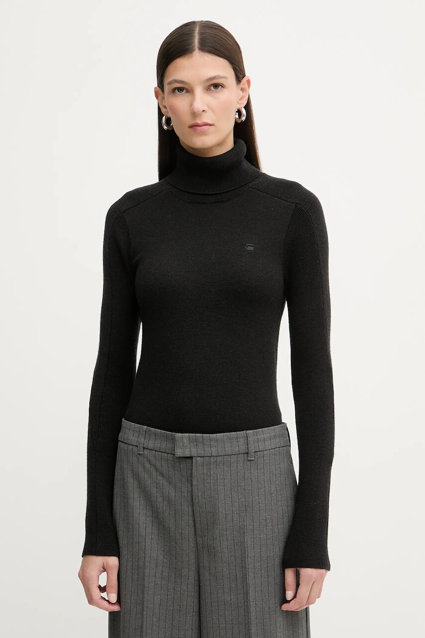 Vlnený sveter G-Star čierna farba, ľahký, s rolákom, D27713.B692