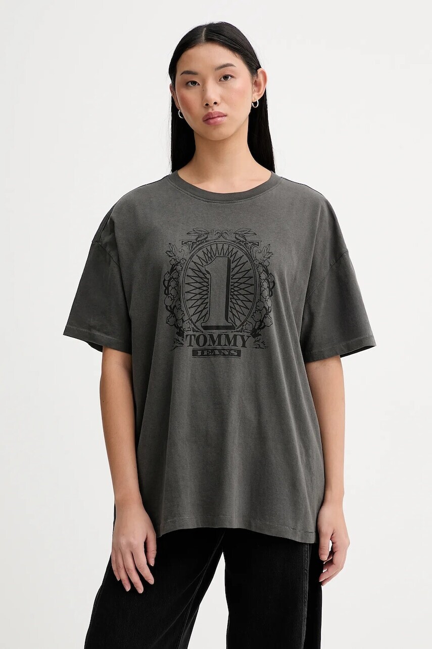 Bavlnené tričko Tommy Jeans dámske, šedá farba, DW0DW21858