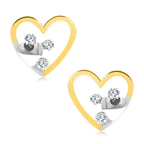 Náušnice z kombinovaného 9K zlata, dvojité srdce so zirkónmi