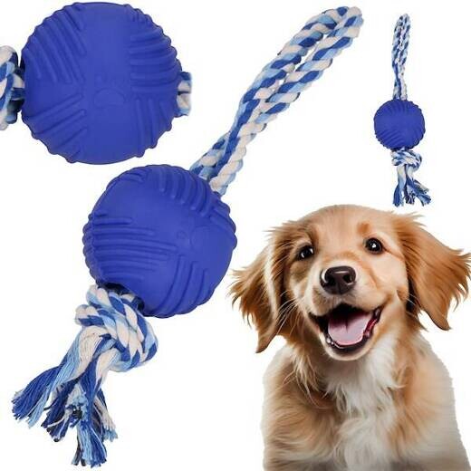 Hračka pre psa - lano s uzlom a gumenou loptičkou - hryzátko - modré