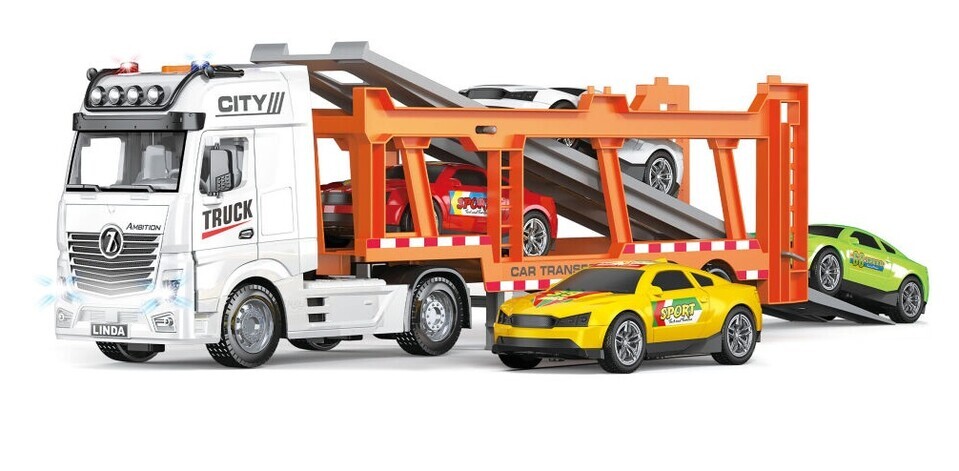 Auto ťahač na zotrvačník s autami set 4ks 56cm