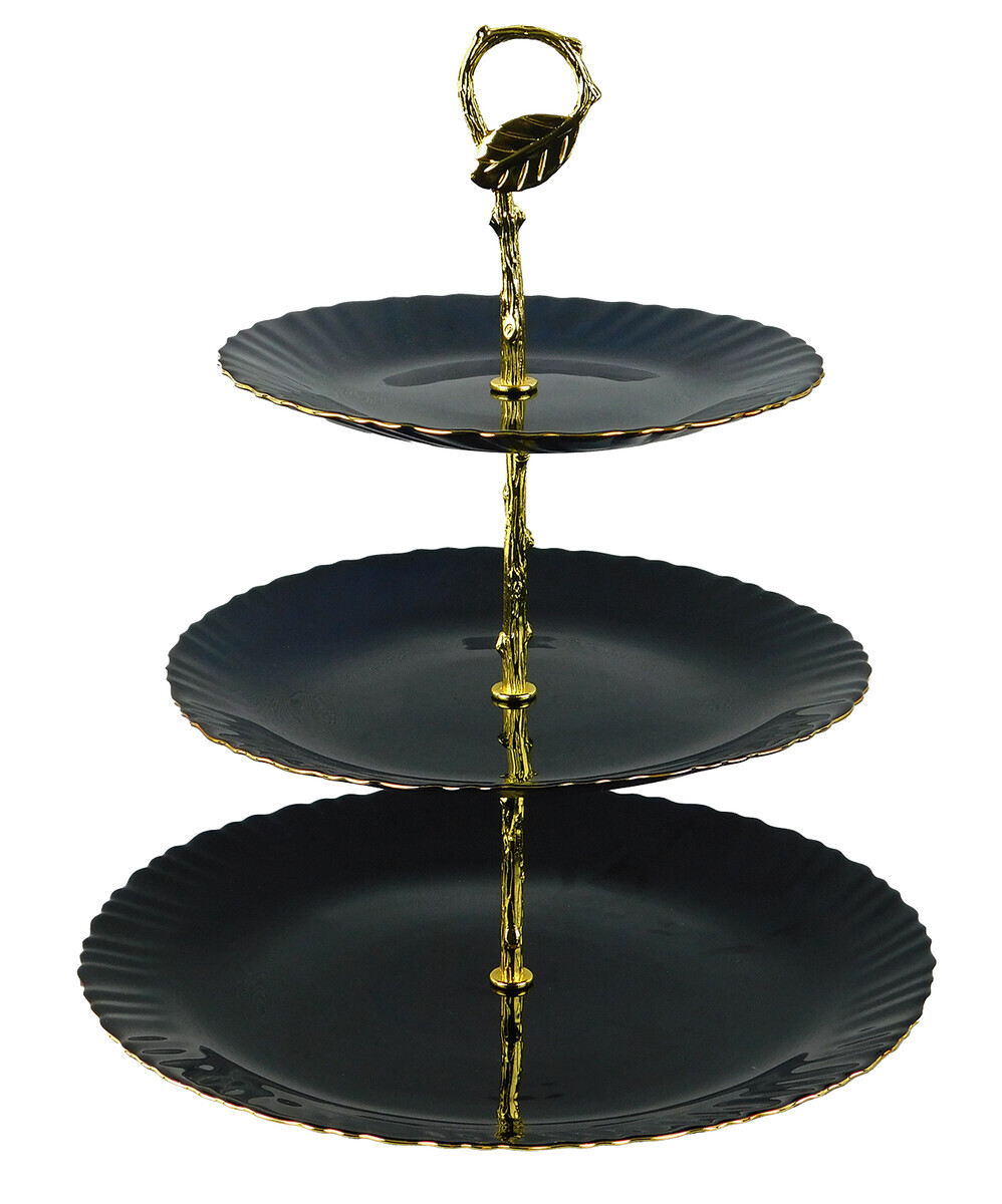 MAKRO - Etažérka 3-poschodová, prevedenie čierno zlatá farba, keramika, 19cm, 23cm,29cm