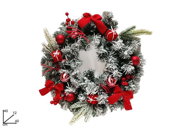 MAKRO - Veniec vianočný 40cm, červená dekorácia – zasnežený
