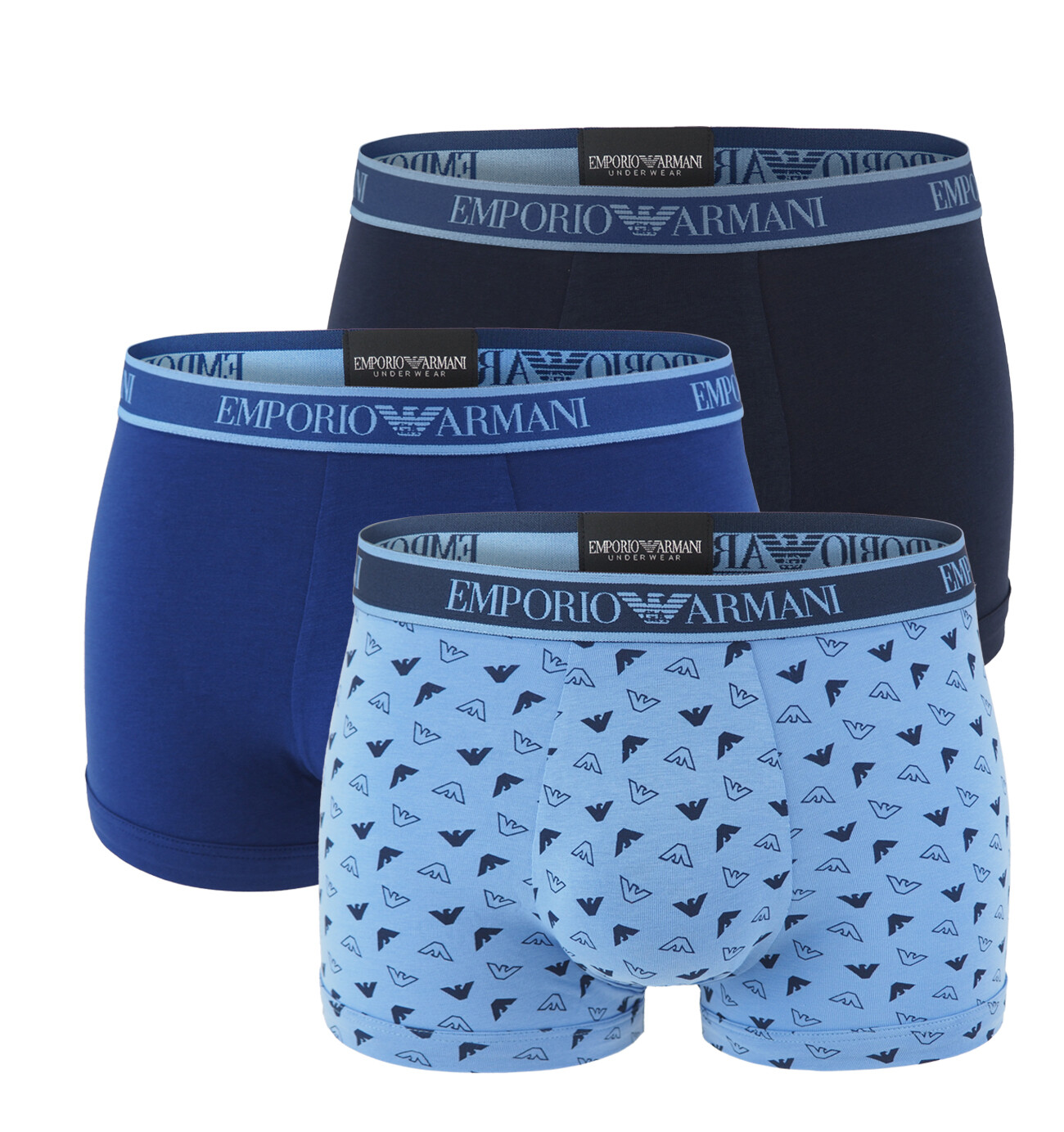 EMPORIO ARMANI - boxerky 3PACK stretch cotton marine & azzur logo Armani