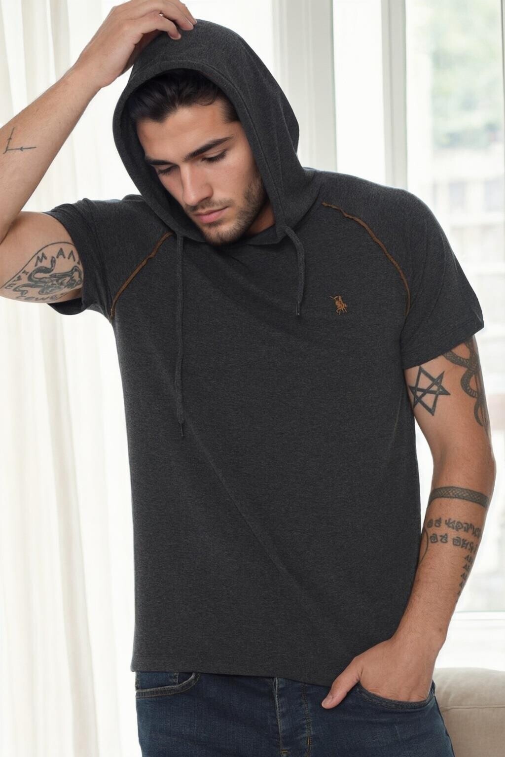T9570 DEWBERRY HOODED MEN'S T-SHIRT-ANTHRACITE