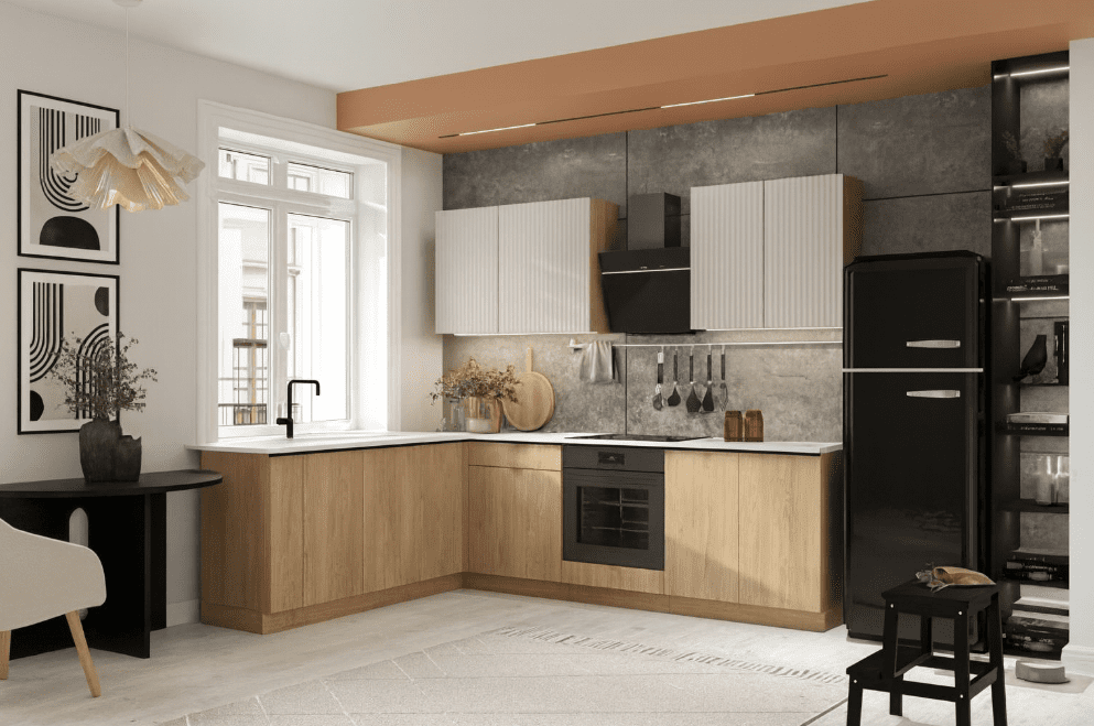 Artstolk Rohová kuchynská linka SOFIA B | dub cremona/béžová 200-260 cm Prevedenie: s pracovnou doskou