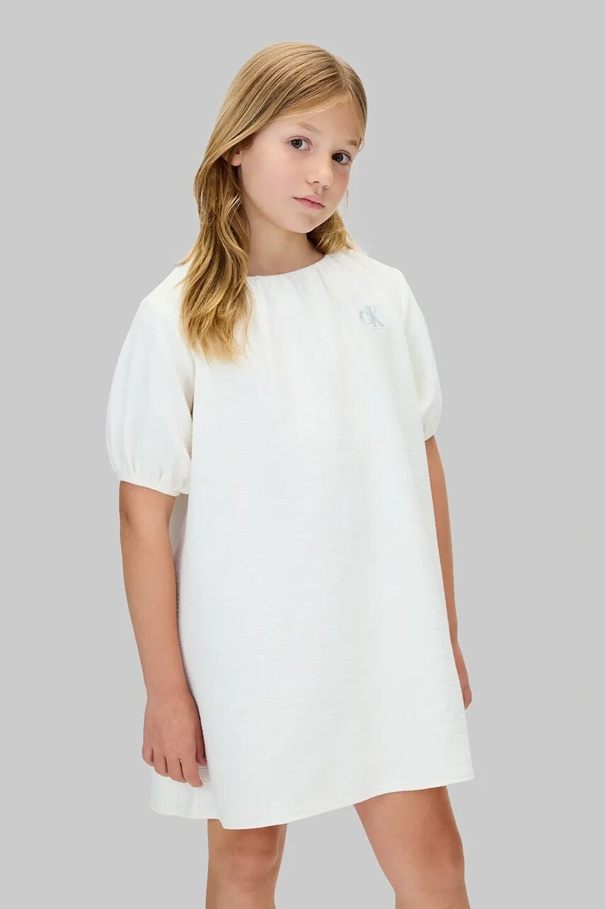 Dievčenské bavlnené šaty Calvin Klein Jeans béžová farba, mini, áčkový strih, IG0IG03013