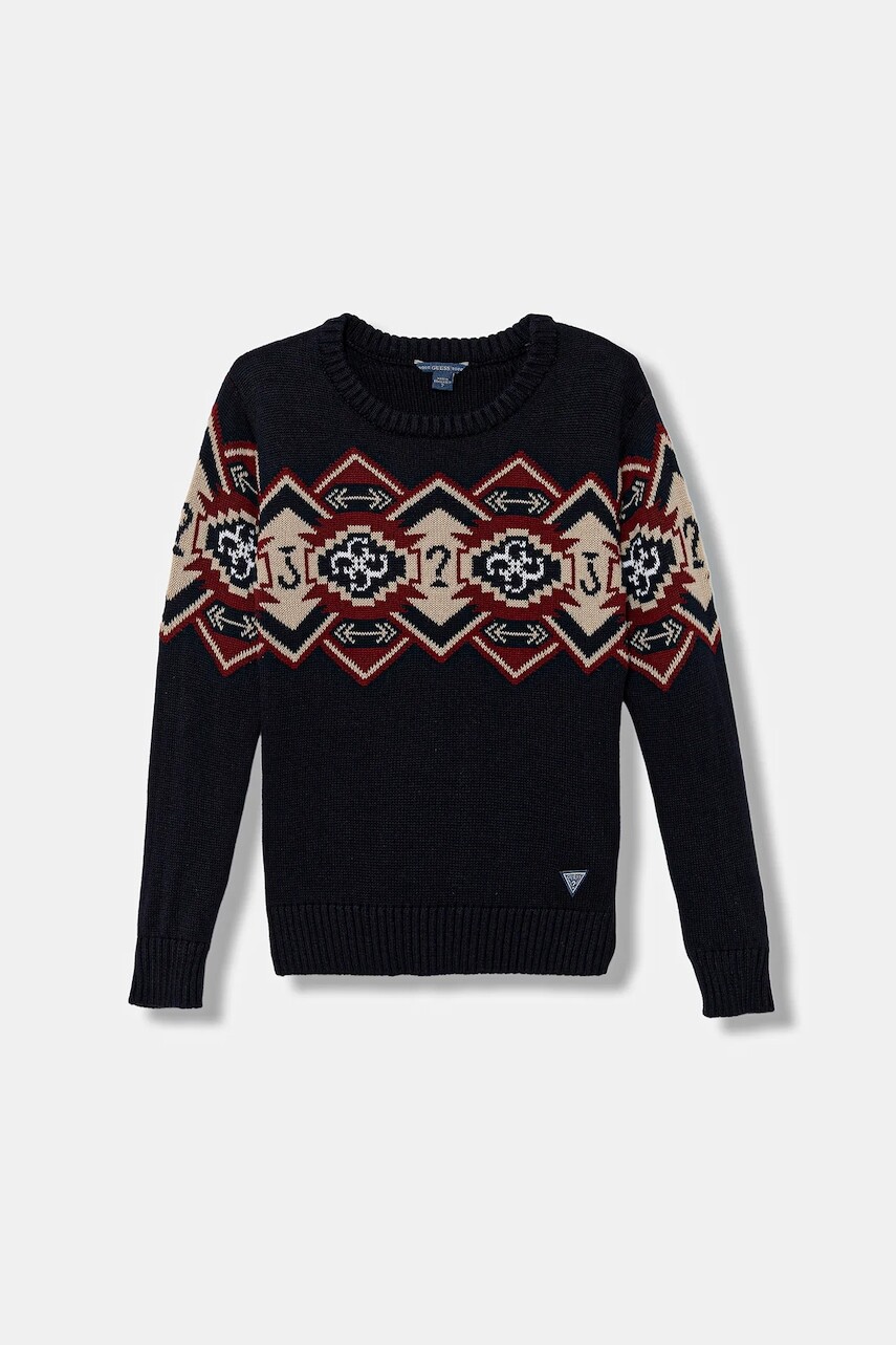 Detský bavlnený sveter Guess tmavomodrá farba, teplé, L5BR05 Z2NN0