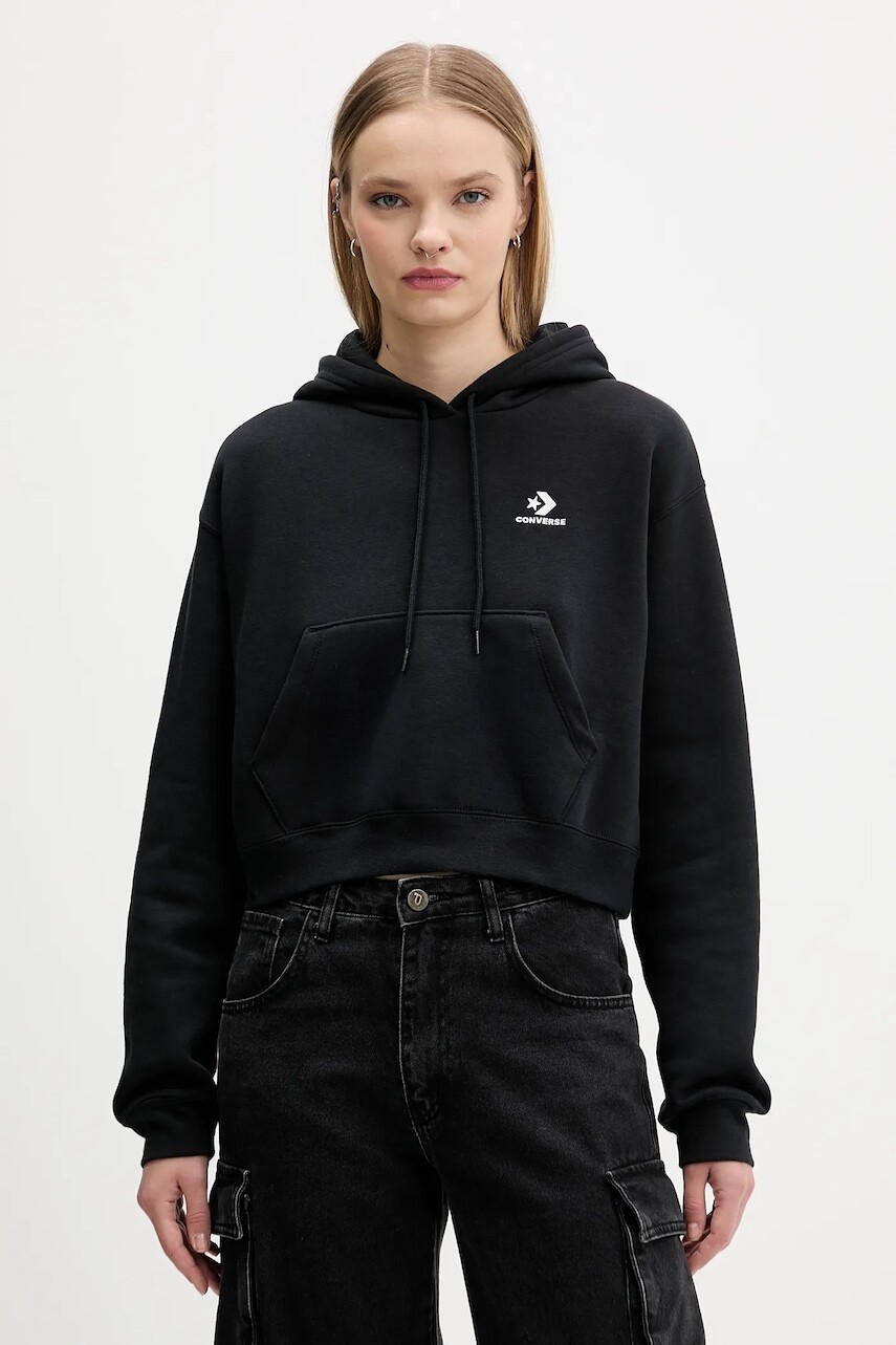 Mikina Converse čierna farba, s kapucňou, jednofarebná, CVW5K527