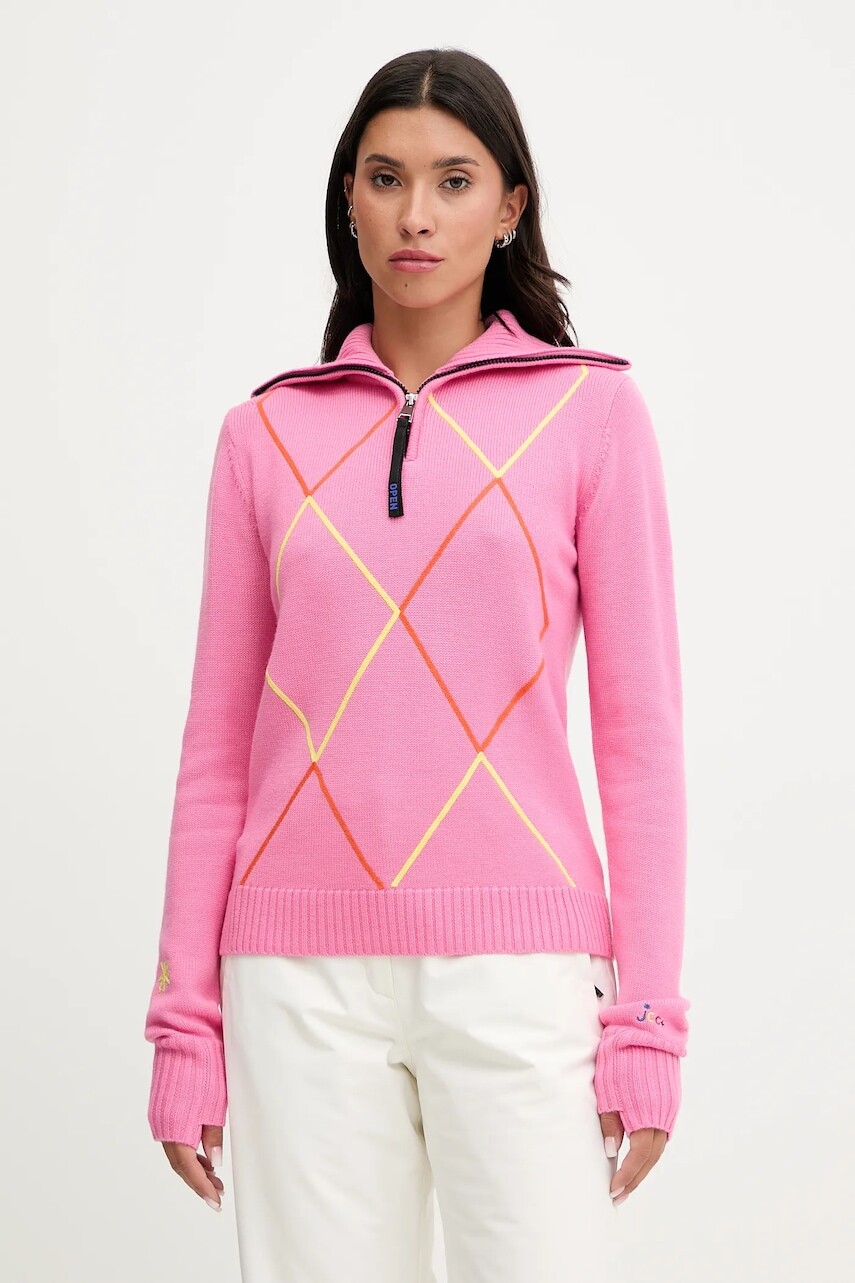 Vlnený sveter Rossignol JCC ružová farba, ľahké, s polorolákom, RLNWO17