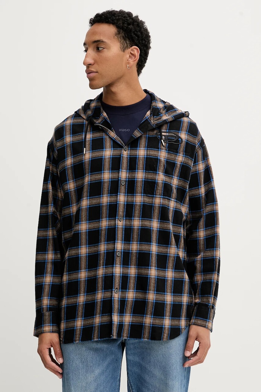 Bavlnená košeľa Diesel S-DEWNY-HOOD-AJFI čierna farba, voľný strih, A19446.0AJFI