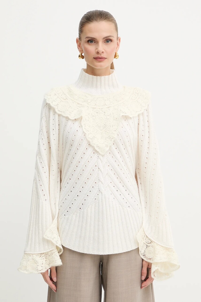 Sveter s prímesou vlny Twinset béžová farba, s polorolákom, 252TS3353