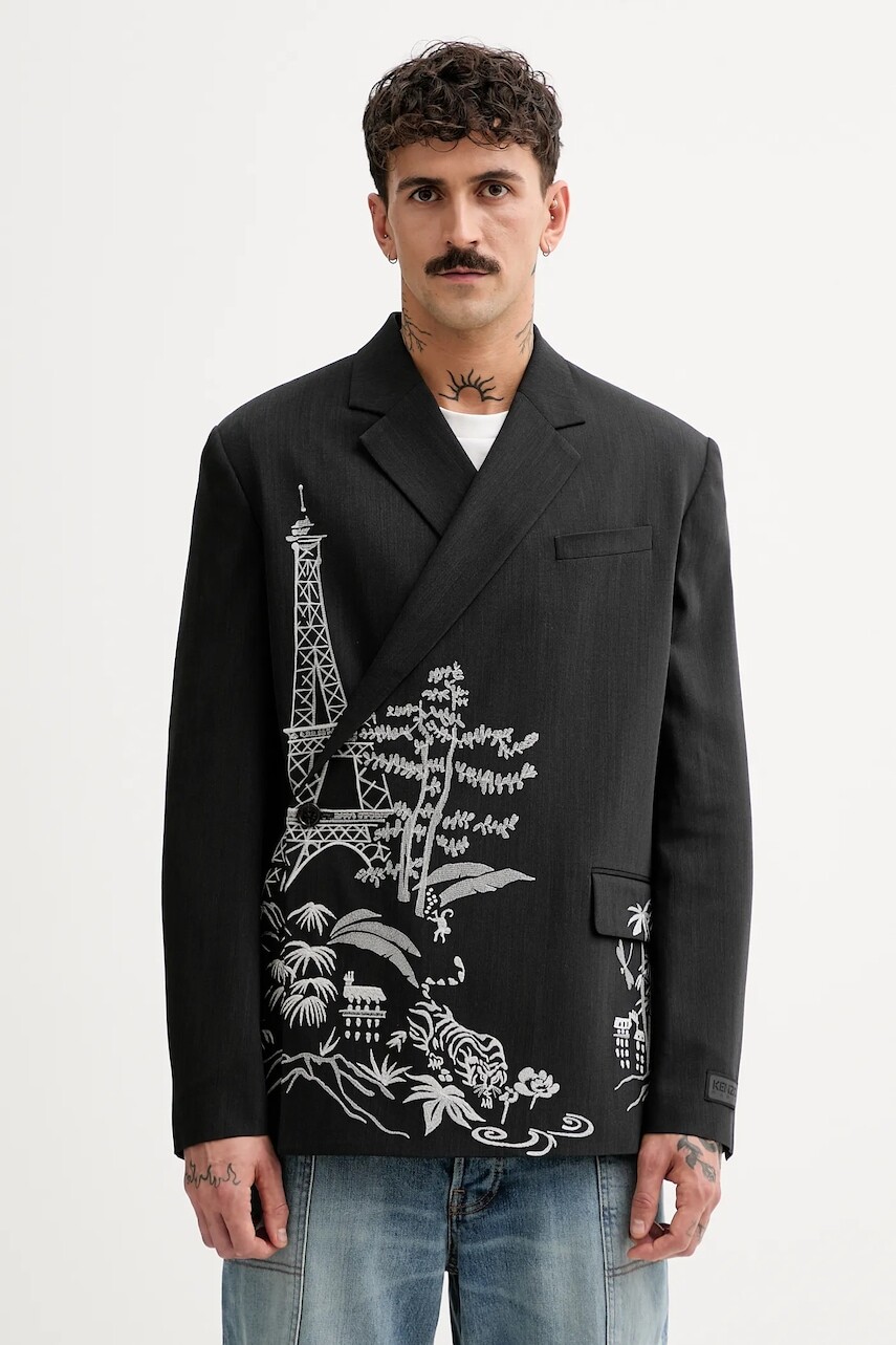 Sako s prímesou vlny Kenzo pánska, čierna farba, FF55VE1429RI.99