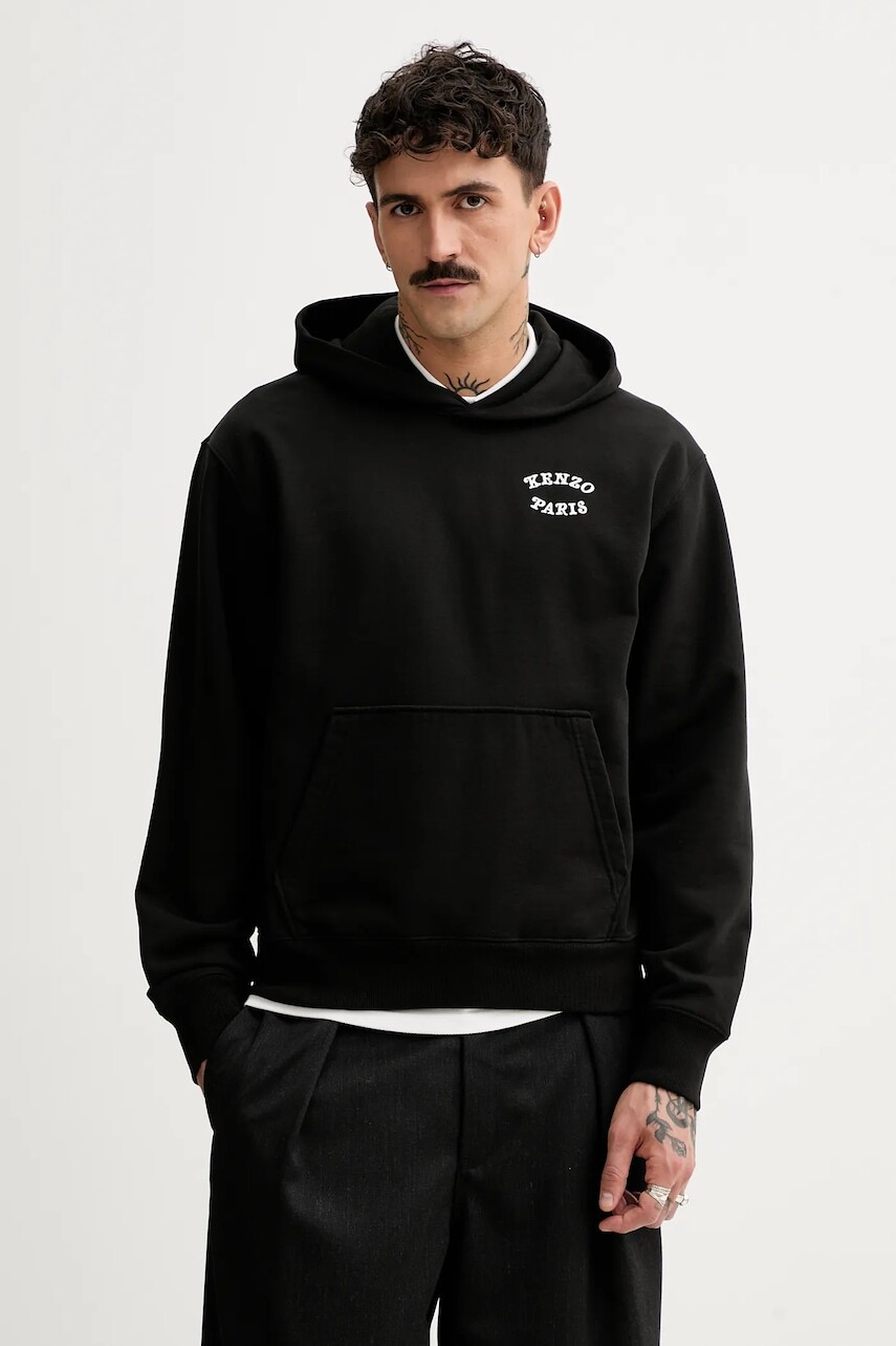 Bavlnená mikina Kenzo pánska, čierna farba, s kapucňou, jednofarebná, FF55SW2724MC.99J