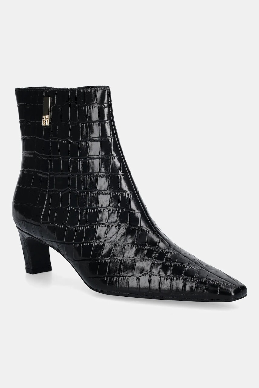 Kožené členkové topánky Tommy Hilfiger TH SQUARE TOE CROC KITTEN BOOTIE čierna farba, na podpätku, FW0FW09162