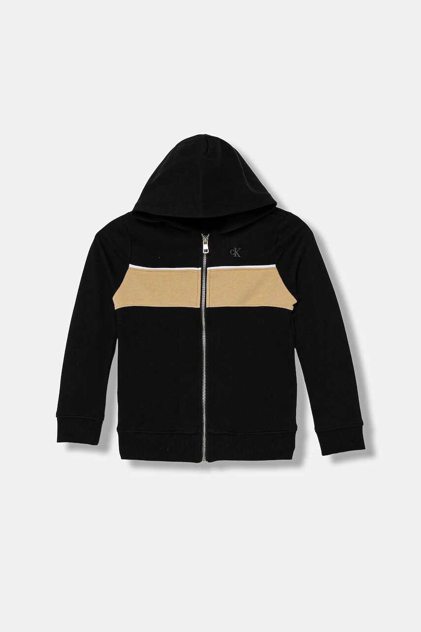 Detská bavlnená mikina Calvin Klein Jeans čierna farba, s kapucňou, vzorovaná, IB0IB02620