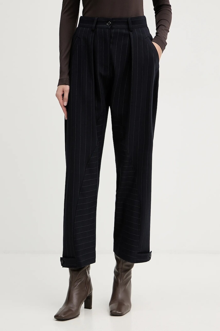 Nohavice s prímesou vlny Pinko tmavomodrá farba, rovný strih, vysoký pás, 105707 A2QY