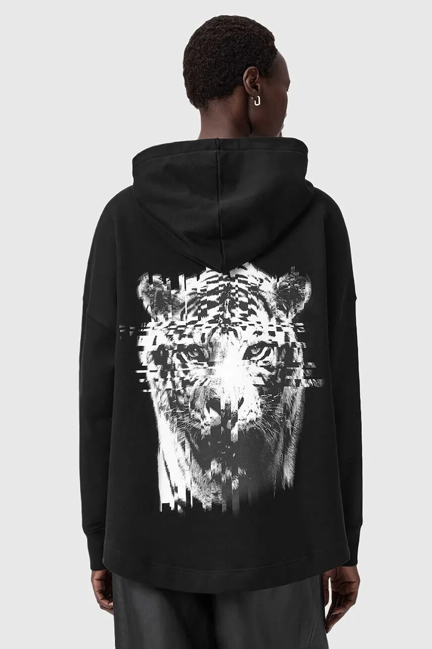 Bavlnená mikina AllSaints čierna farba, s kapucňou, vzorovaná, W107JD