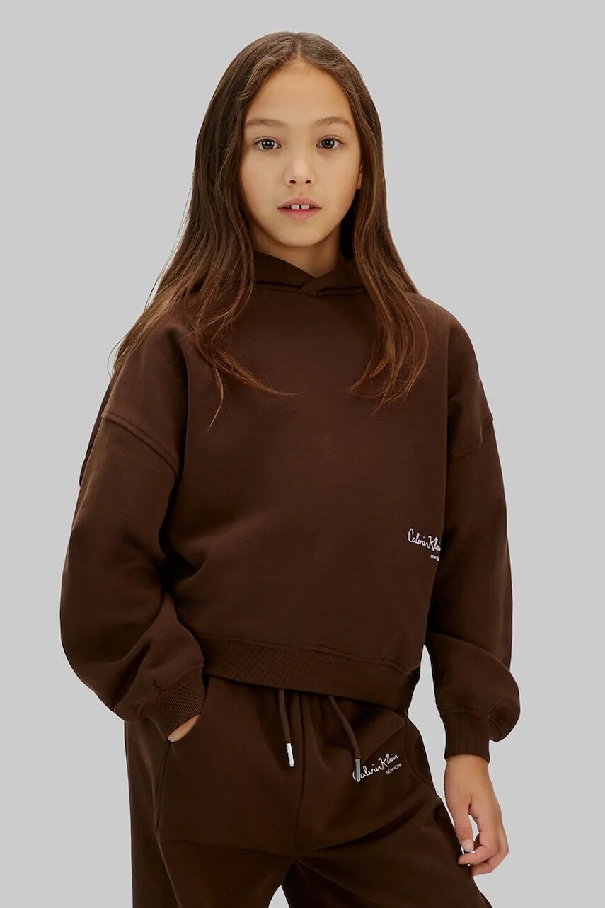 Detská bavlnená mikina Calvin Klein Jeans hnedá farba, s kapucňou, jednofarebná, IG0IG03067