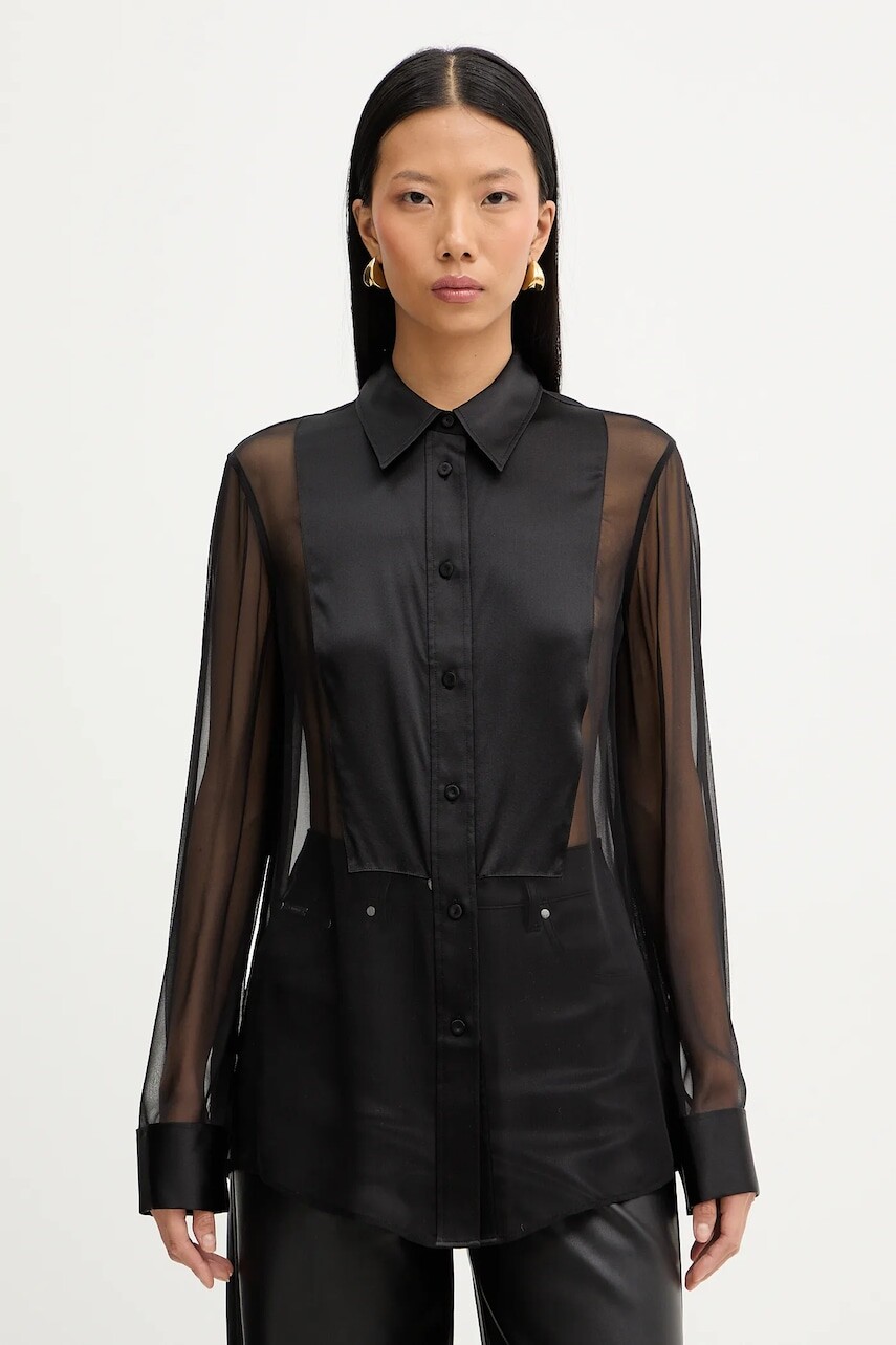 Hodvábna košeľa Filippa K čierna farba, voľný strih, s klasickým golierom, 32126