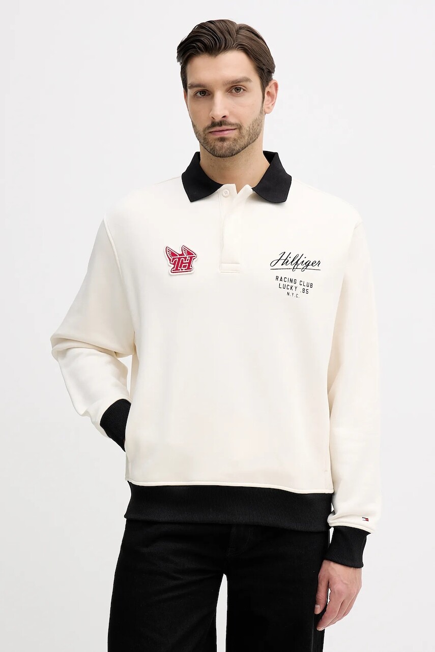 Bavlnená mikina Tommy Hilfiger béžová farba, s nášivkou, MW0MW41957