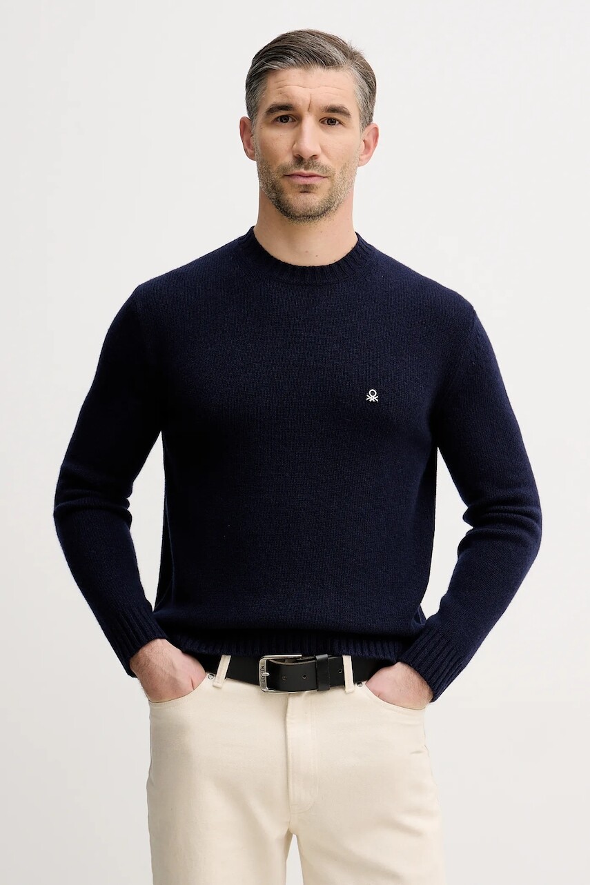 Sveter s prímesou vlny United Colors of Benetton tmavomodrá farba, 1444U10AZ