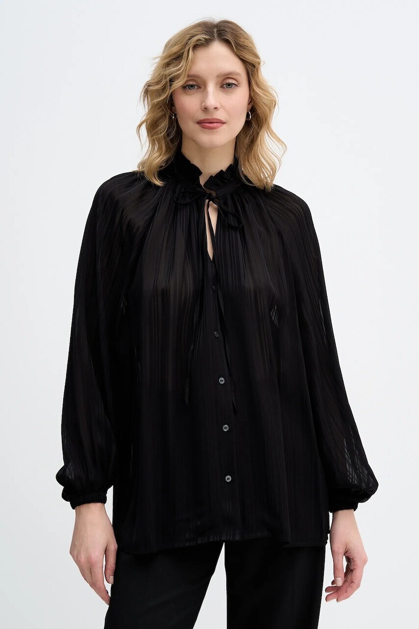 Košeľa Sisley čierna farba, voľný strih, s viazaním vo výstrihu, 5FGXLQ0A5