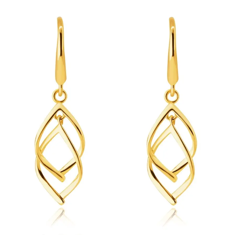 Visiace zlaté 14K náušnice - obrysy dvoch vzájomne prepletených listov, afroháčik