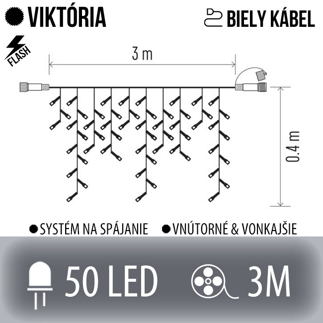 Viktória spojovateľná led svetelná záclona vonkajšia flash - 50led - 3m studená biela / flash prebliknutie studená biela - biely kábel