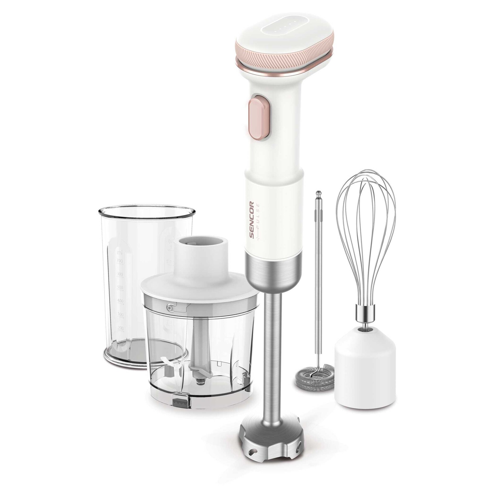 Sencor SHB 9130WH AKU Tyčový mixér Plynulá regulácia rýchlosti, Predĺžená mixovacia noha pre každý typ riadu, Titánový povrch nožov na zachovanie