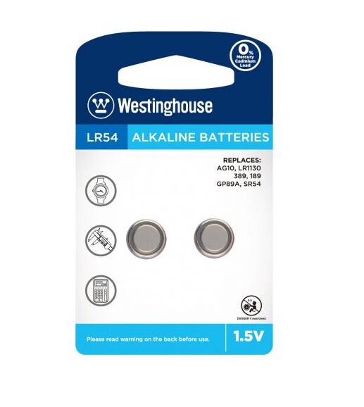 Westinghouse gombíková alkalická batéria LR54 (AG10, LR1130, 389, 189, GP89A, SR54) - 2 kusy; 1,5V