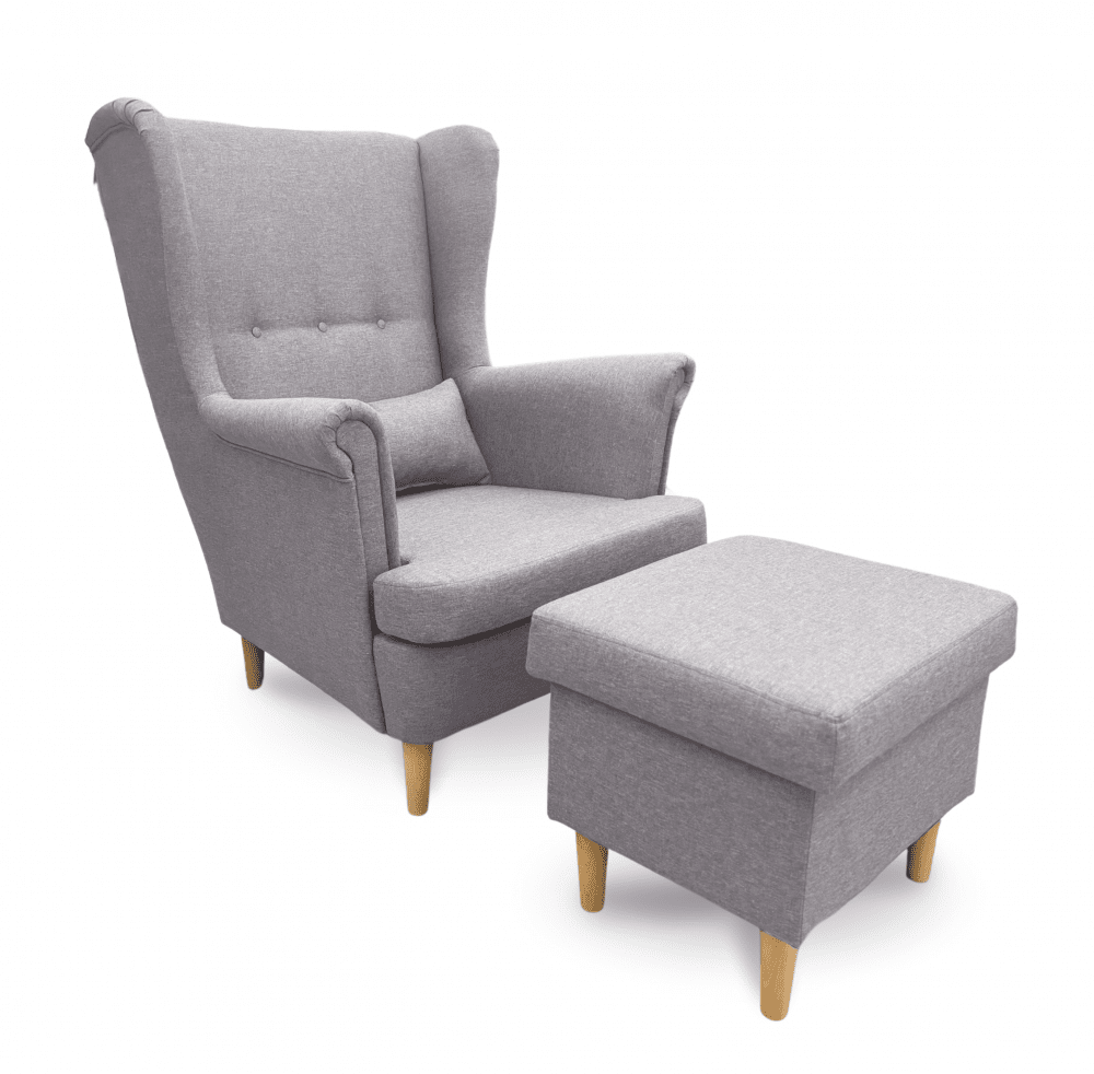 Kreslo ušiak VISBY + taburet s úložným priestorom - masív, látka, sivá-KOPIE