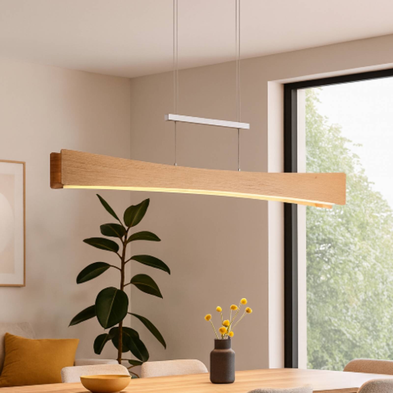 LED závesné svietidlo Peru, dub/nikel, dĺžka 116 cm